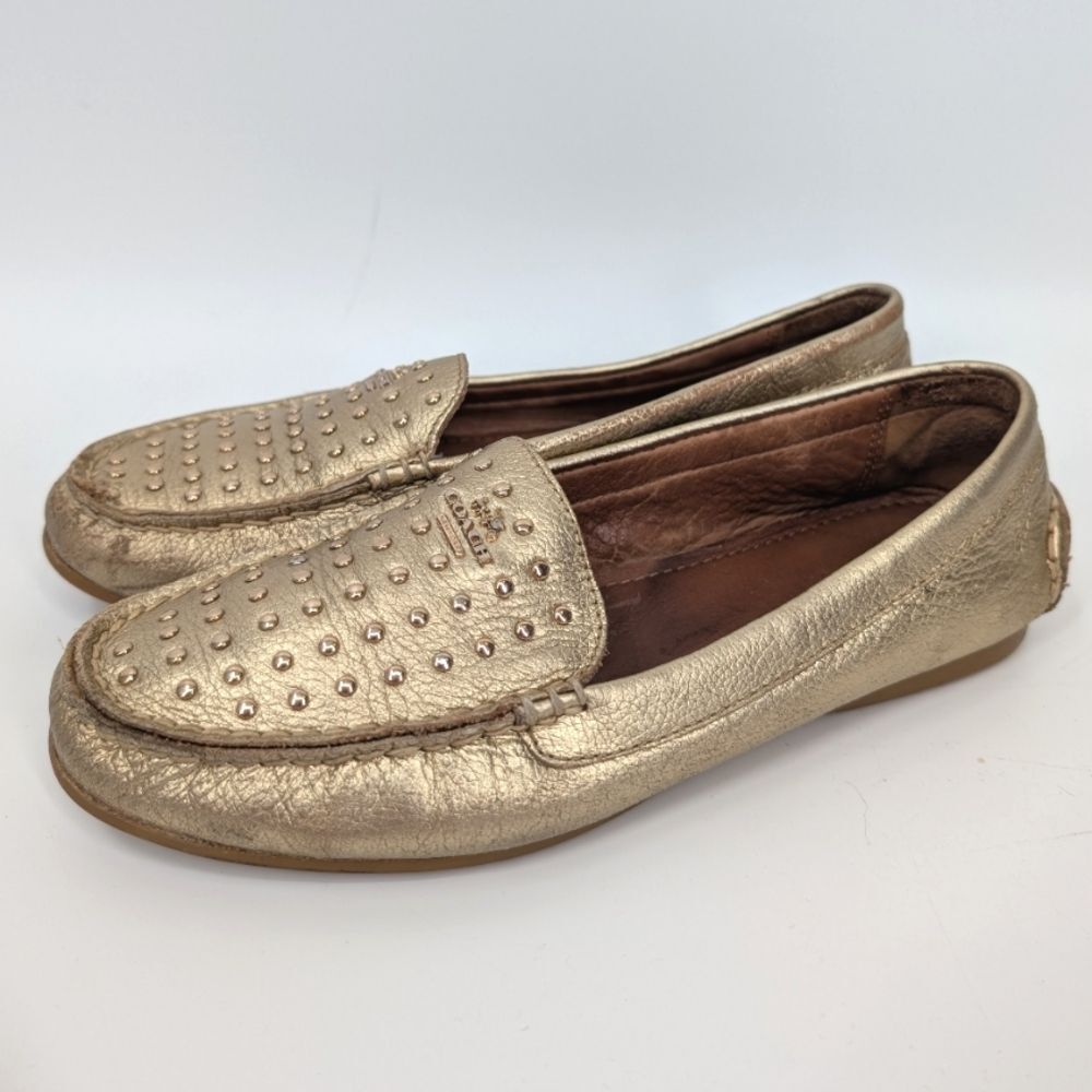 Coach Women's Gold Metallic Studded Leather Orlene Loafers Flats Designer 6.5